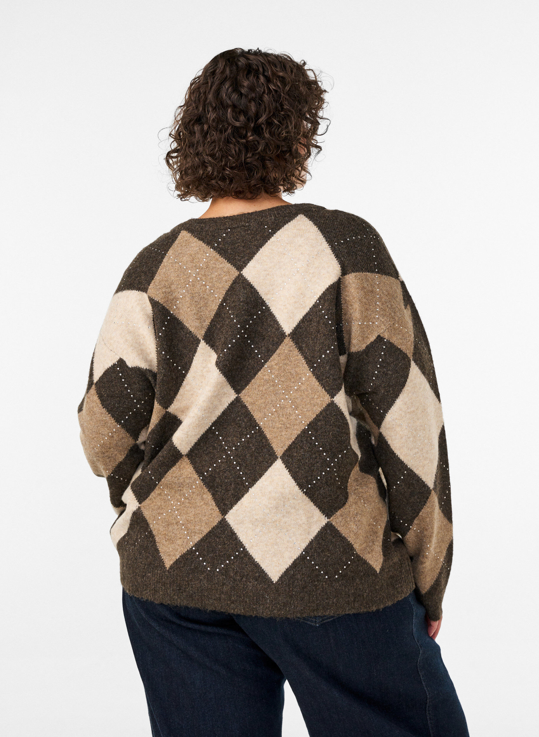 ZizziArgyle cardigan med rhinesteiner, Brun, Model image number 2