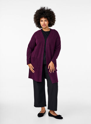 Zizzi Lang cardigan med lommer, Potent Purple Mel., Model image number 2