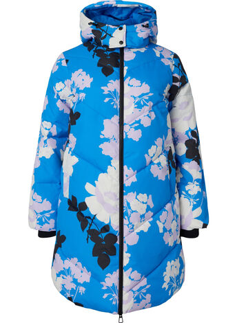 Lang vinterjakke med blomsterprint