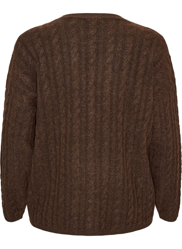 Strikket bluse med flettestrikk og V-hals, Brun, Packshot image number 1