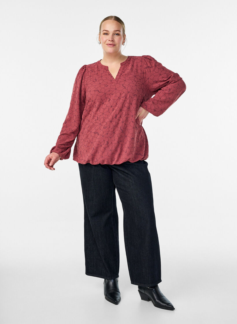 Langermet bluse med blomsterbroderi, Rosa, Model image number 1