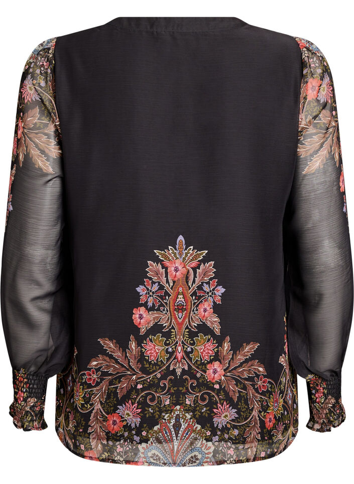 Bluse med paisley-trykk og gjennomsiktige ermer, Svart, Packshot image number 1