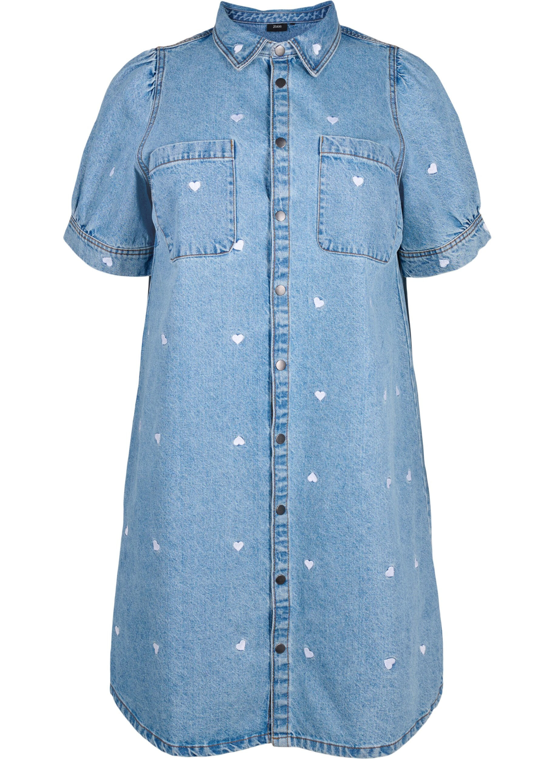 Zizzi Denimkjole med broderte hjerter, Light blue denim, Packshot image number 0