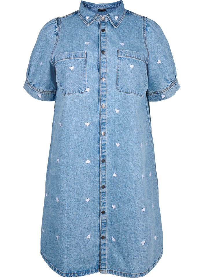 Denimkjole med broderte hjerter, Light blue denim, Packshot image number 0