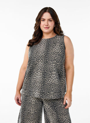 Zizzi Ermeløs denimtopp med leopardmønster, Brun, Model image number 0