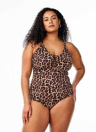 Zizzi Badedrakt med dyretrykk og stringdetaljer, Brun, Model image number 0