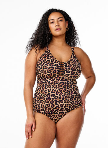 Zizzi Badedrakt med dyretrykk og stringdetaljer, Brun, Model image number 0