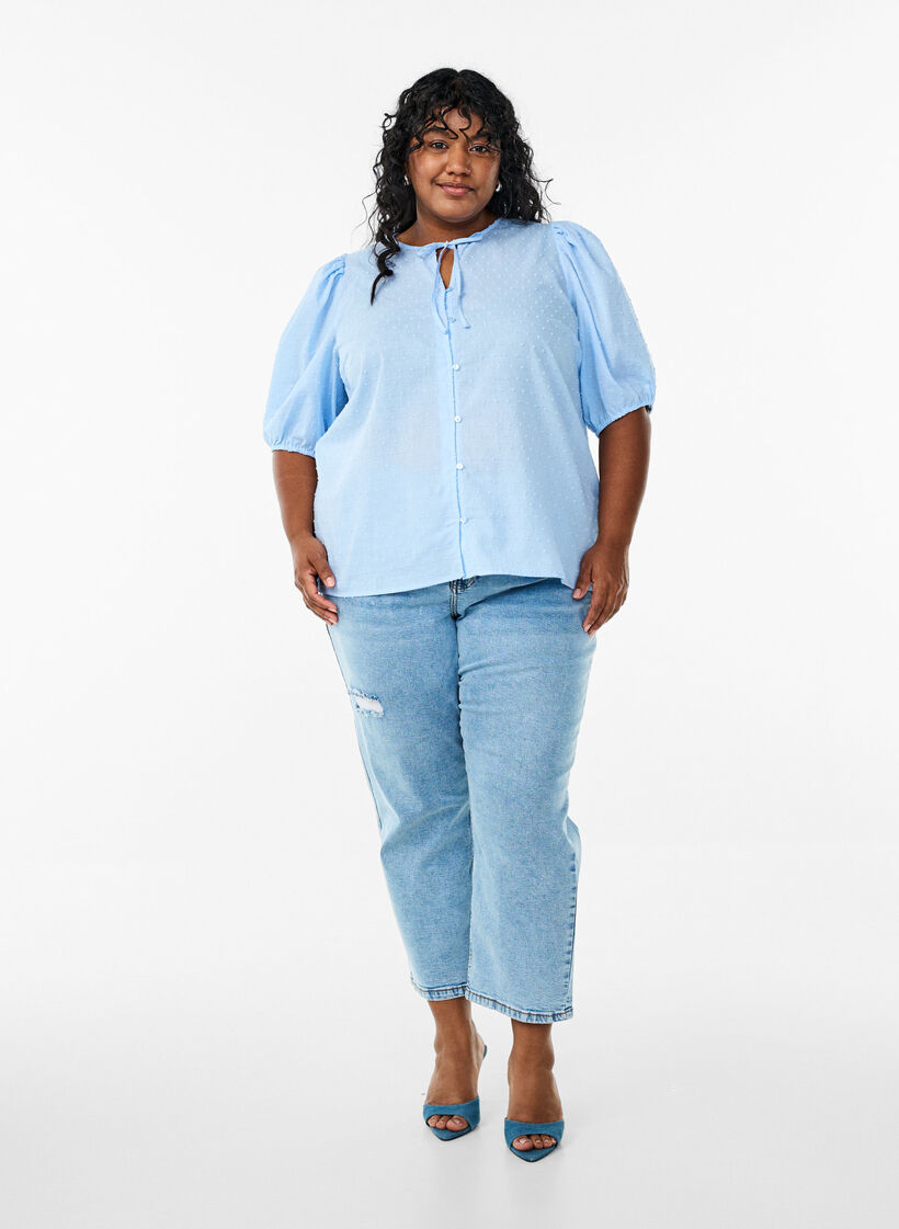 Skjortebluse med knytebånd og prikkete tekstur, Blå, Model image number 1