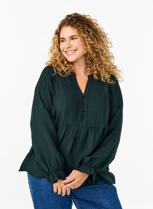 Zizzi Langermet bluse med V-hals, Scarab, Model image number 0