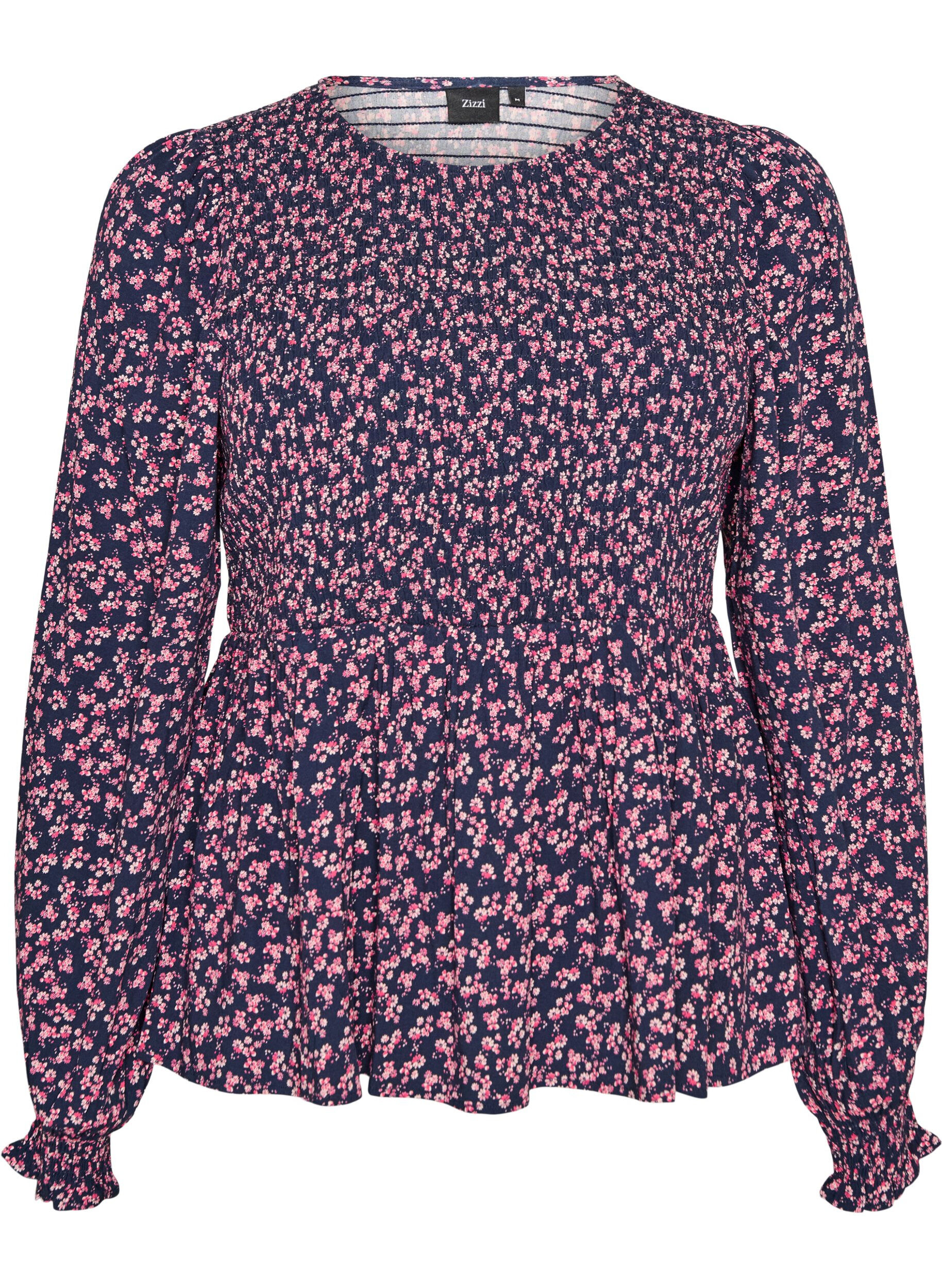 Bluse med smocket topp og blomstertrykk