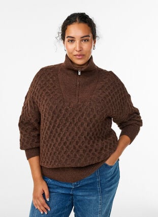 Zizzi Genser med høy hals og tekstur, Brun, Model image number 0