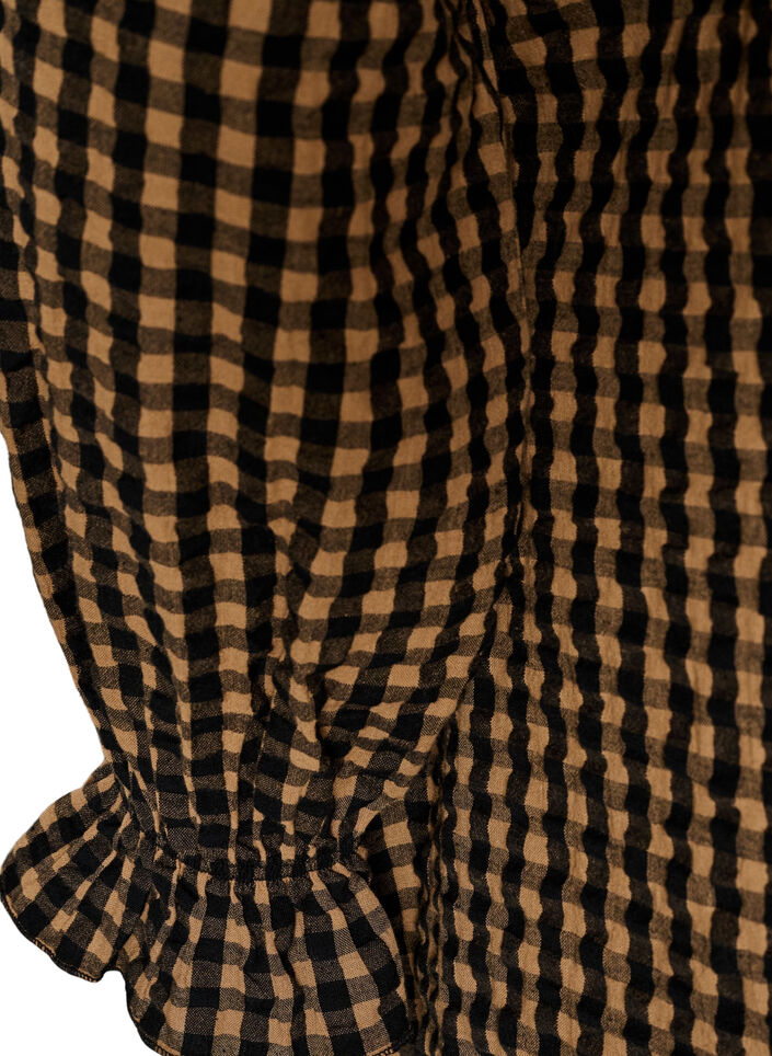 Rutete bomullskjole med volangdetaljer, Brun, Packshot image number 3
