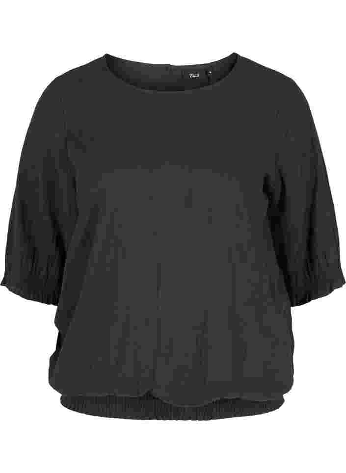 Kortermet bomullsbluse med smock, Black, Packshot image number 0