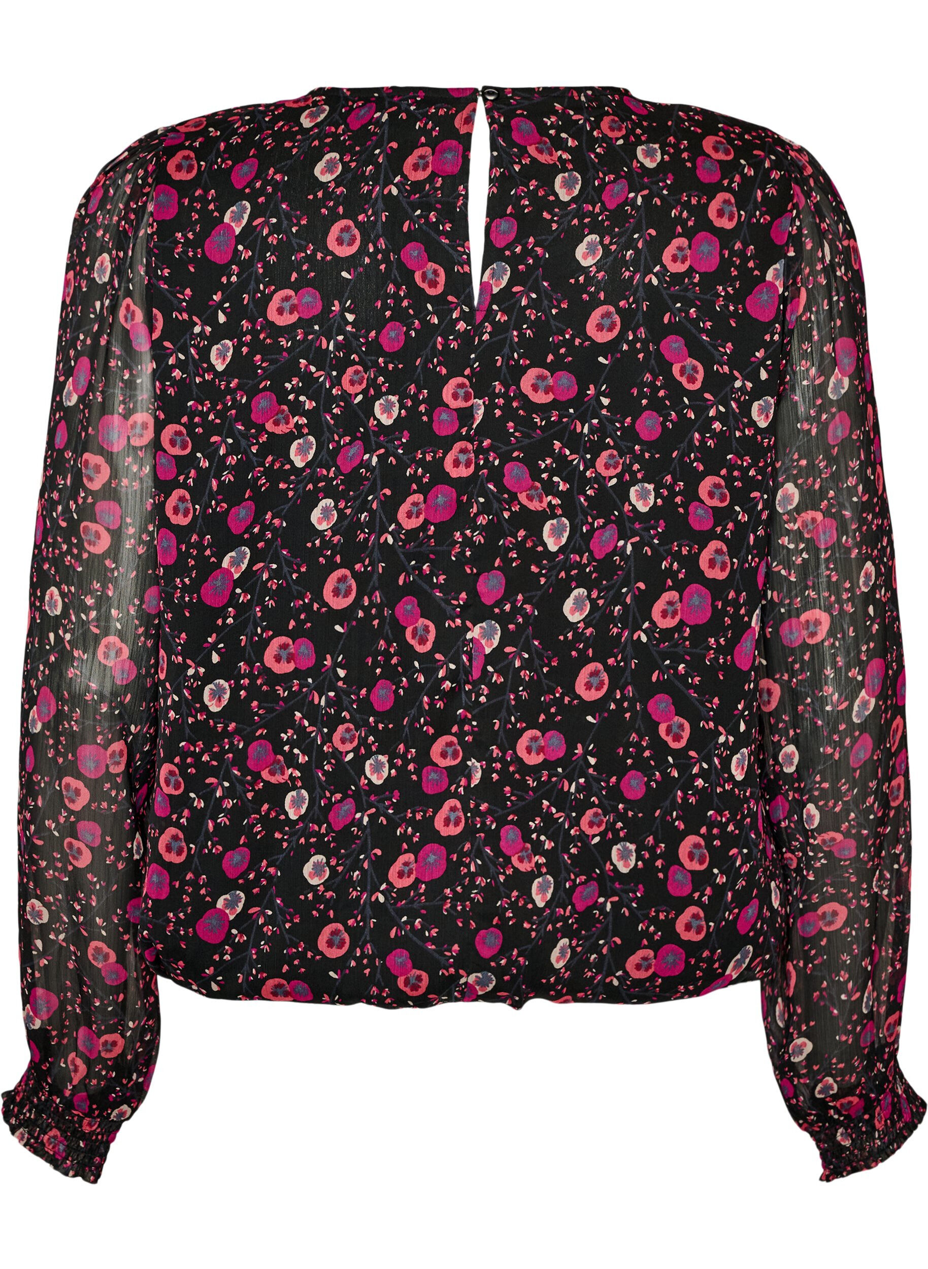 ZizziBlomstret chiffongbluse med gjennomsiktige ermer, Svart, Packshot image number 1