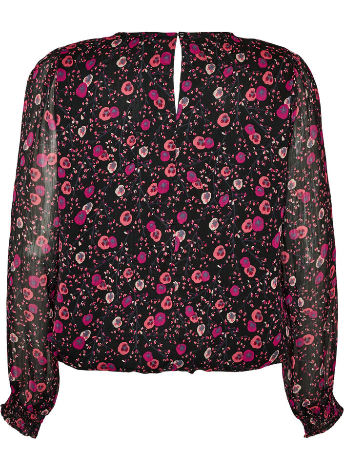 Blomstret chiffongbluse med gjennomsiktige ermer, Svart, Packshot image number 1
