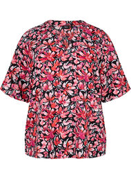 Bluse med V-hals og blomstertrykk, Black Flower AOP