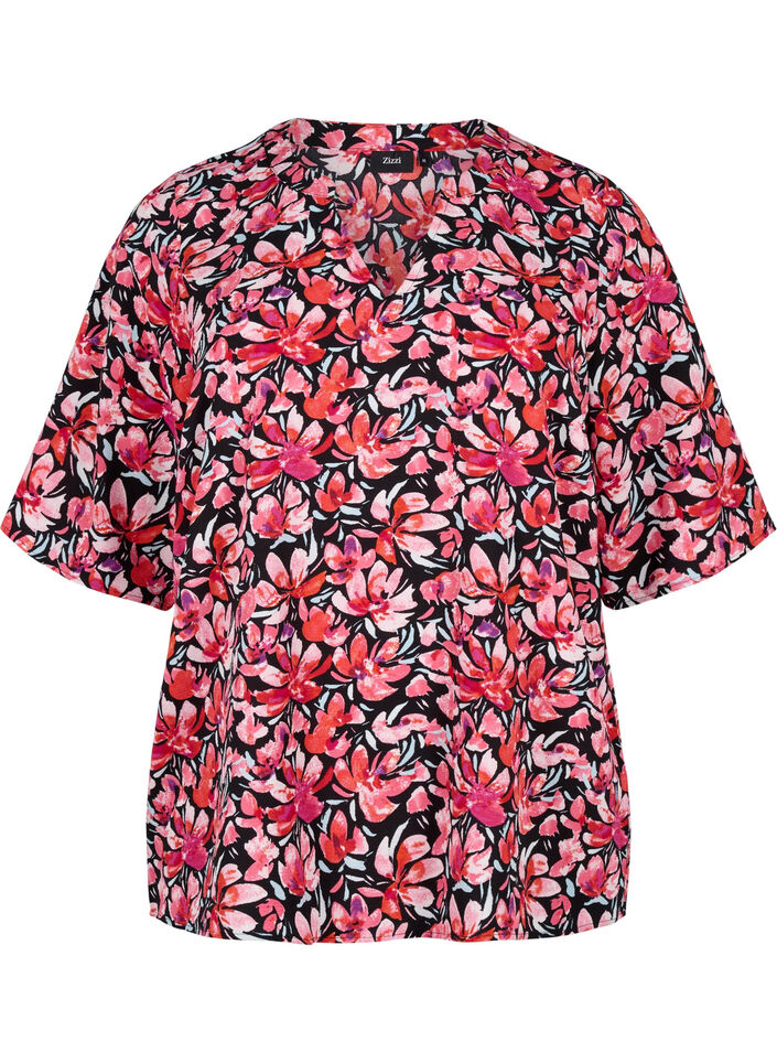Bluse med V-hals og blomstertrykk, Black Flower AOP, Packshot image number 0