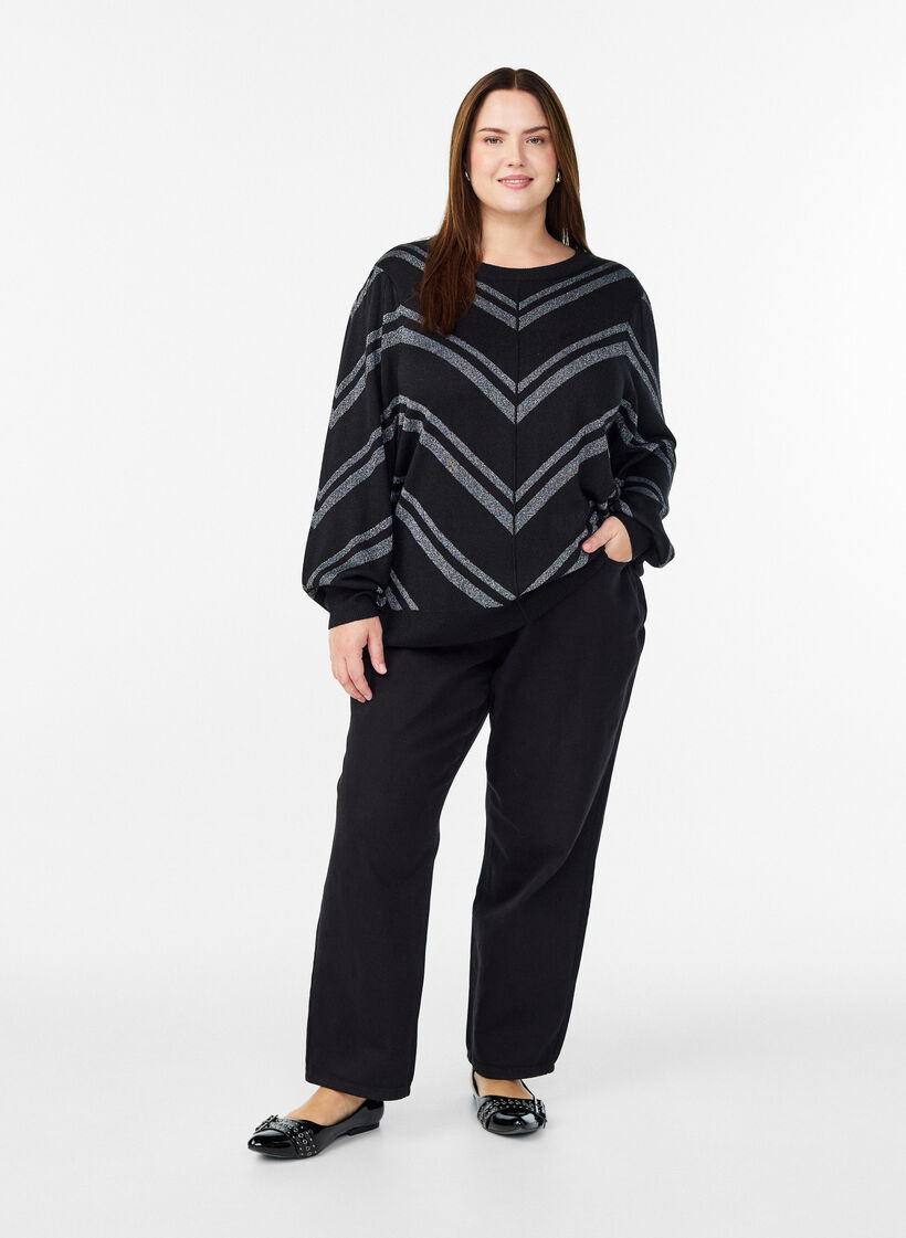 Mønstret strikkebluse med glittereffekt, Svart, Model image number 1