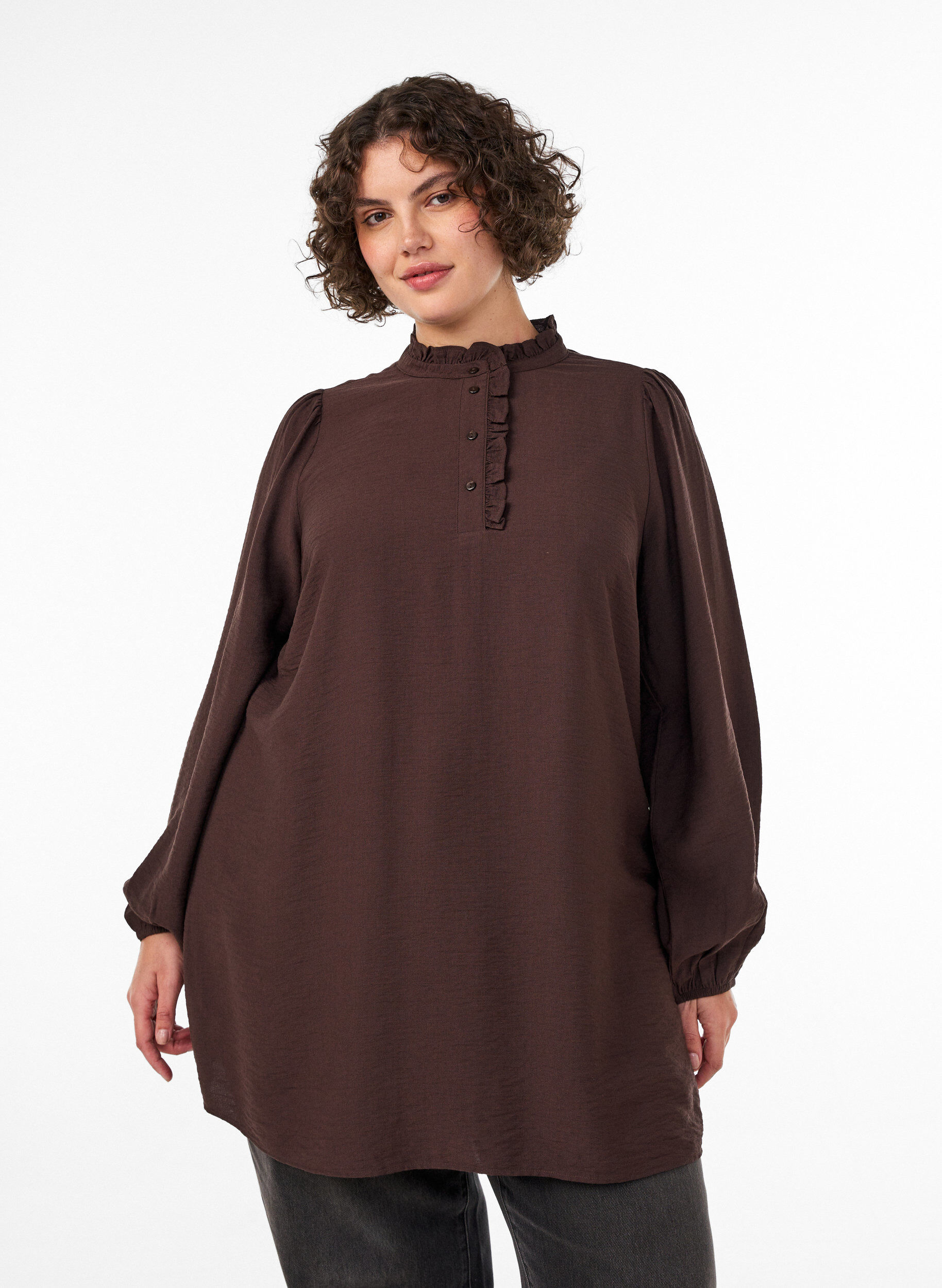 ZizziViskosetunika med volanger og knapper, Brun, Model image number 0