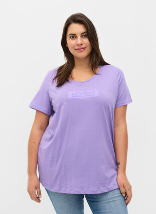 Kortermet T-skjorte i bomull med trykk, Paisley Purple TEXT, Model image number 0