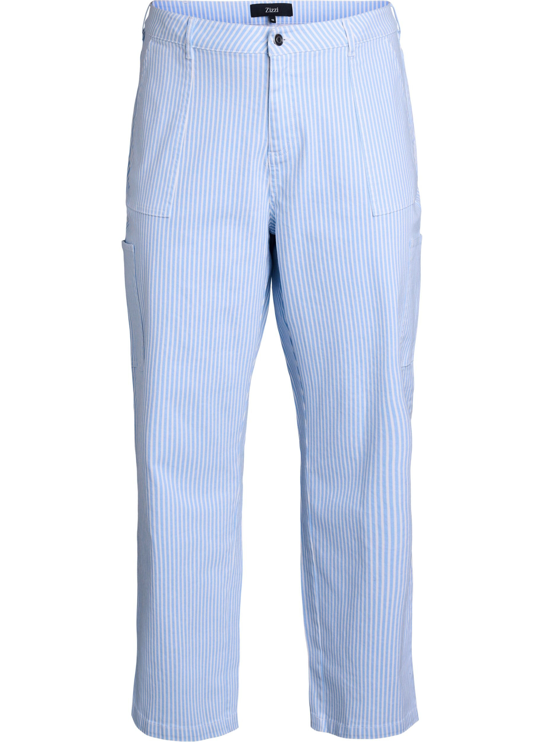 Stripete cargojeans med h&oslash;y midje