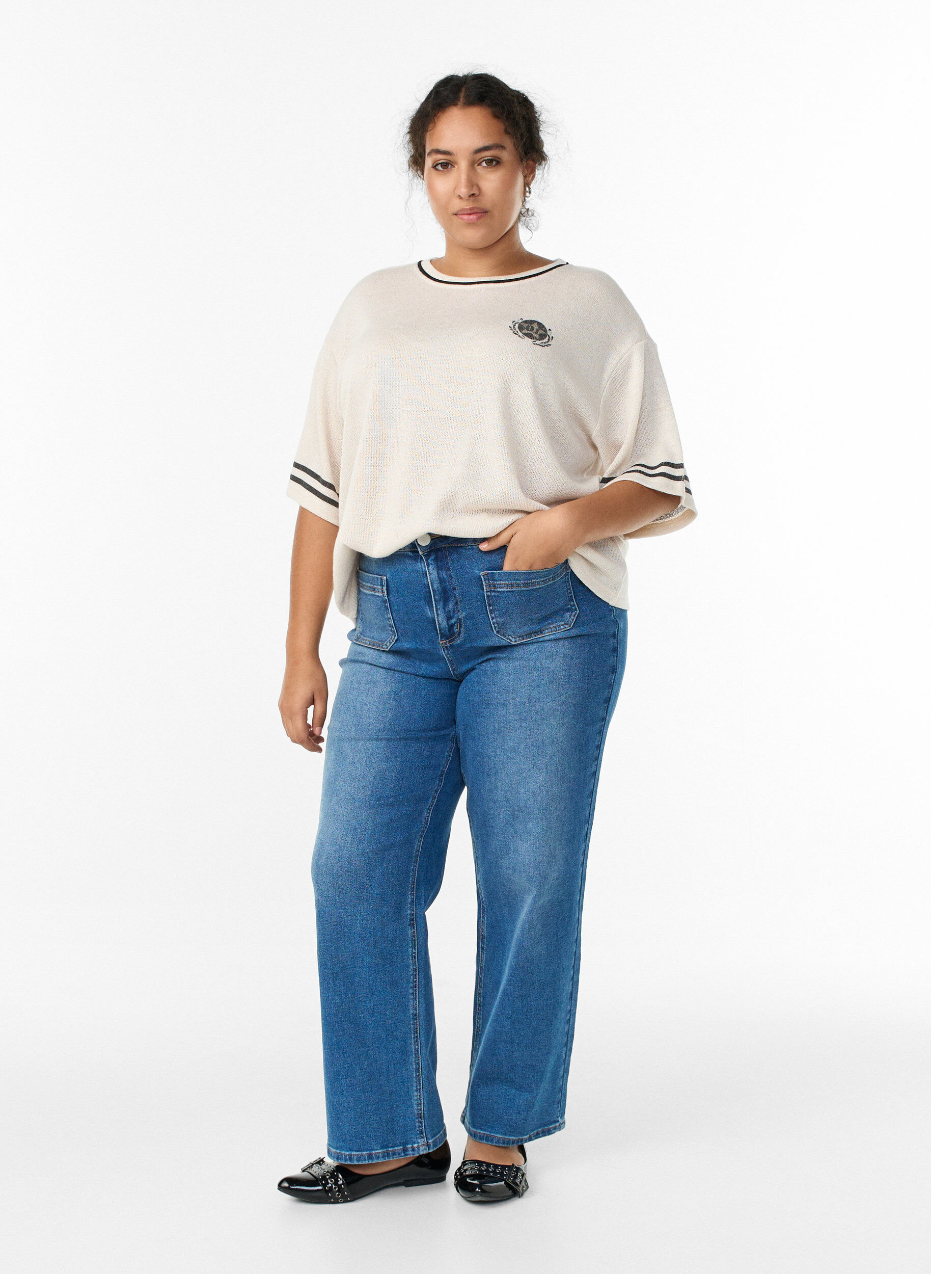 Zizzi Kortermet bluse med kontraststriper, Beige, Model image number 1