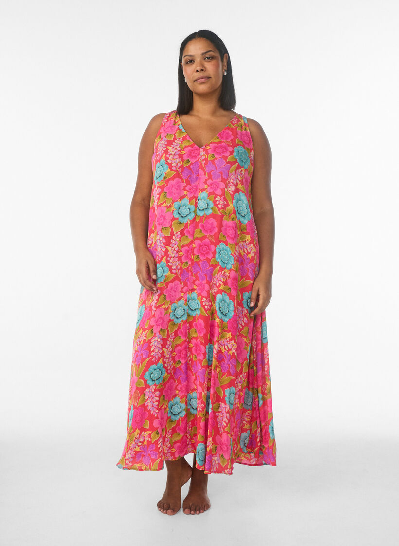 Ermel&oslash;s A-linje maxi kjole med V-hals, R&oslash;d, Model image number 0