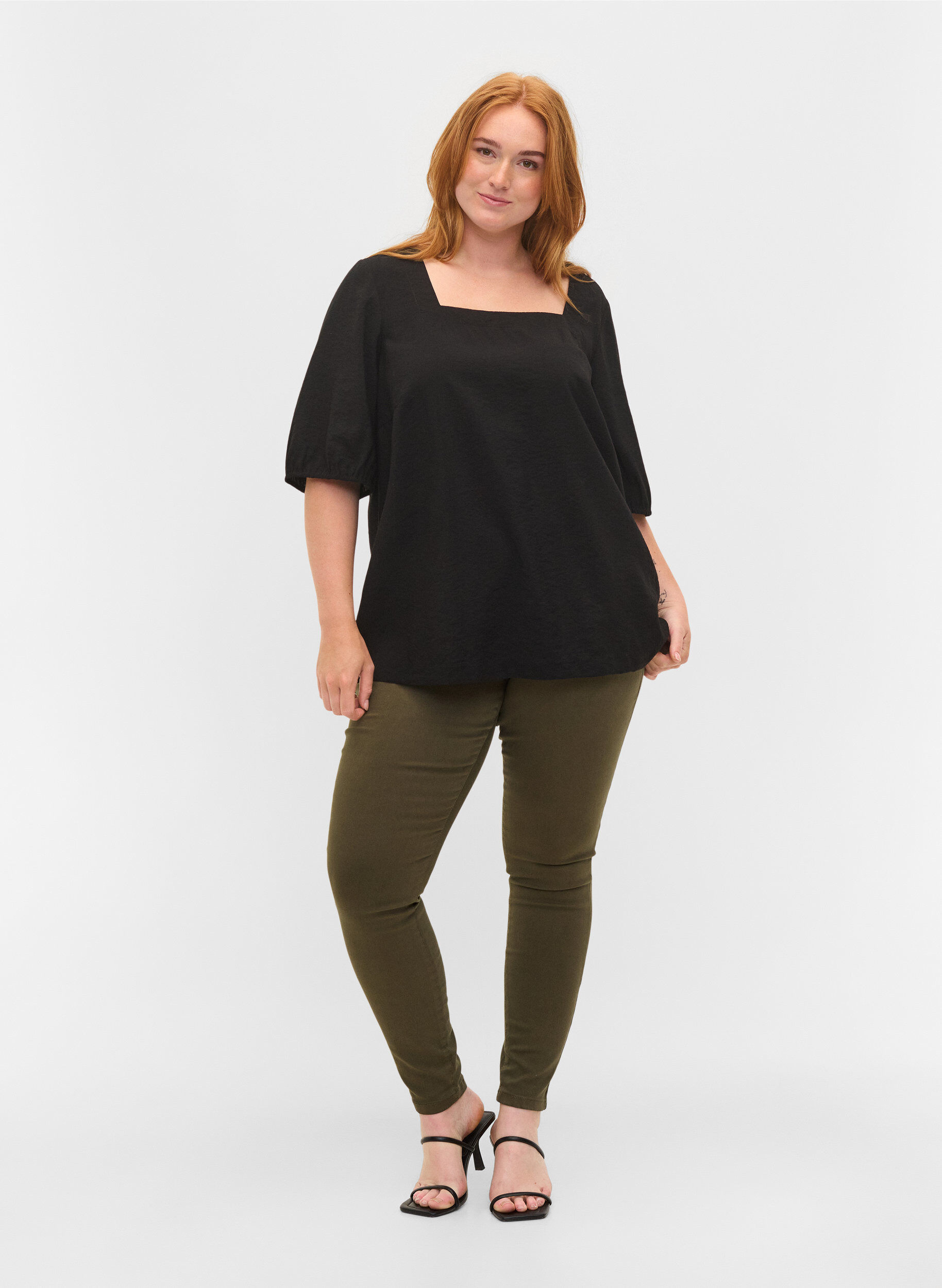 Zizzi Bluse med ballongermer, Black, Model image number 2