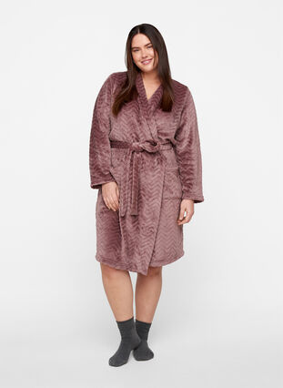 Korte mønstrete morgenkåpe med lommer, Rose Taupe, Model image number 2