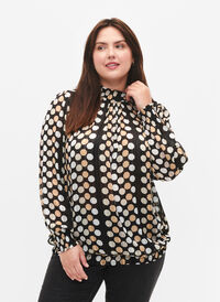 Mønstrete bluse med smock, Black Dots AOP, Model