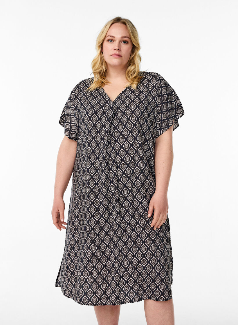 Kjole med V-hals i viskose, Blå, Model image number 0