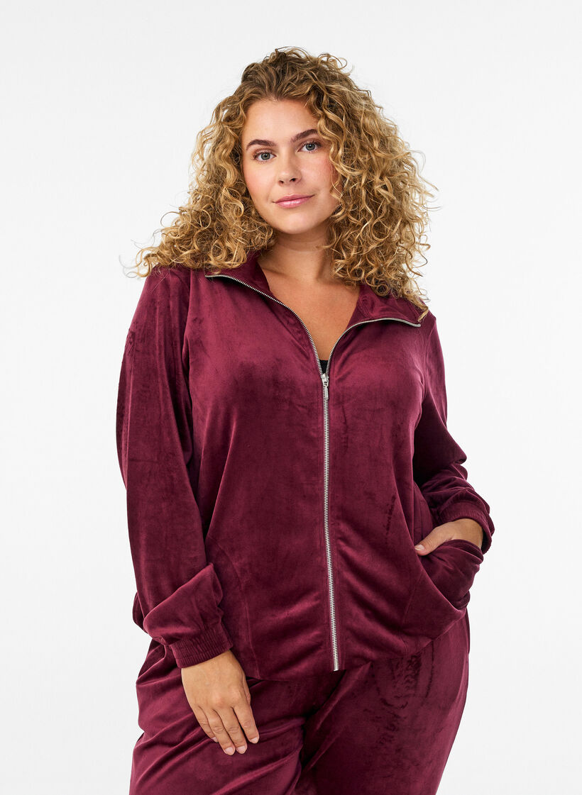 Velour-cardigan med glidel&aring;s og h&oslash;y krage, M&oslash;rk Bordeaux, Model image number 0