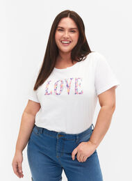 T-skjorte i bomull med rund hals og trykk, Bright White W. Love, Model