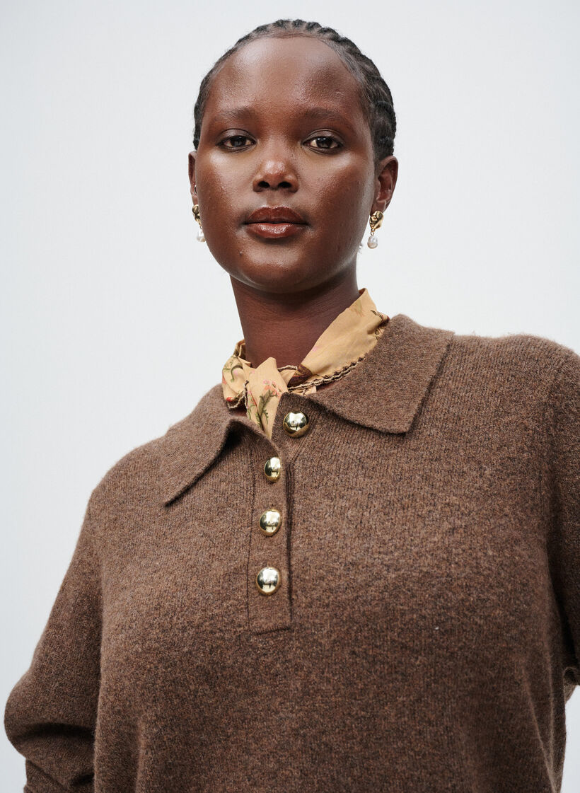 Kort strikkekjole med poloskjorte-krage og knapper, Brun, Image image number 0