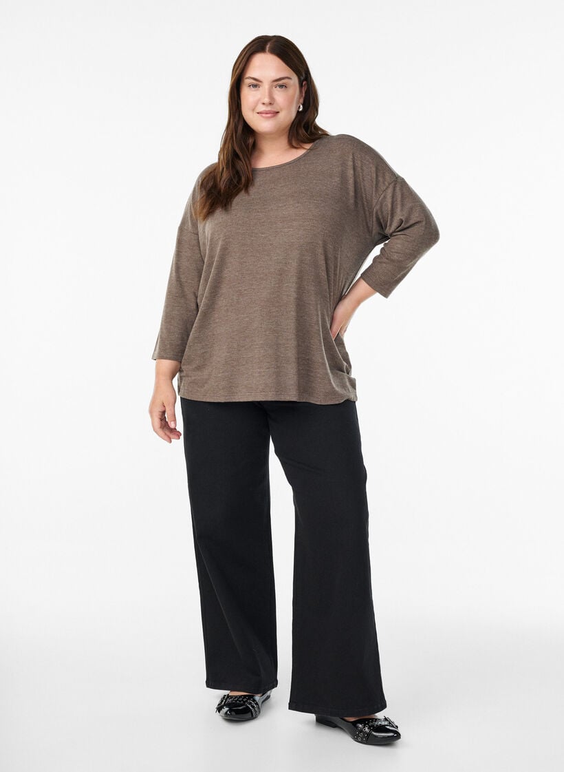 Jersey bluse med 3/4 ermer, Brun, Model image number 1
