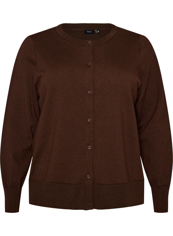 Finstrikket cardigan med rund hals, Brun, Packshot image number 0