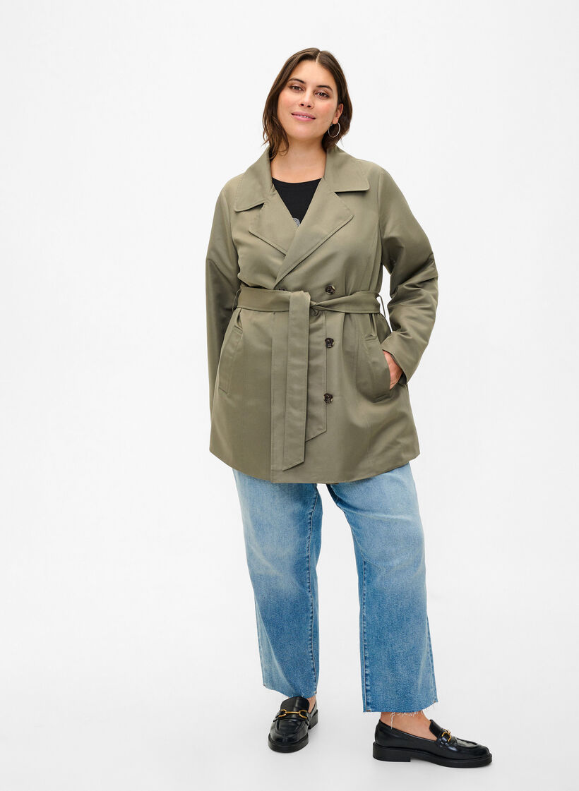 Kort trenchcoat med belte, Grønn, Model image number 1
