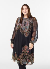 Midikjole med paisleydetaljer og lange ermer, Svart Midikjole med paisleydetaljer og lange ermer, Svart, Model