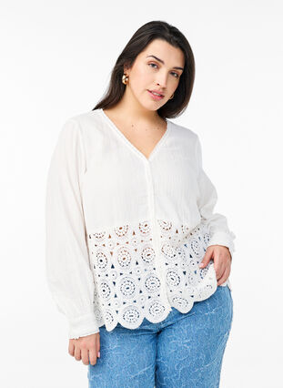 Zizzi Bomullsskjorte med heklede detaljer, Vanilje, Model image number 0