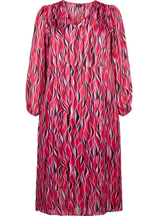 Langermet midi kjole med print, Fuchsia Pink AOP, Packshot image number 0