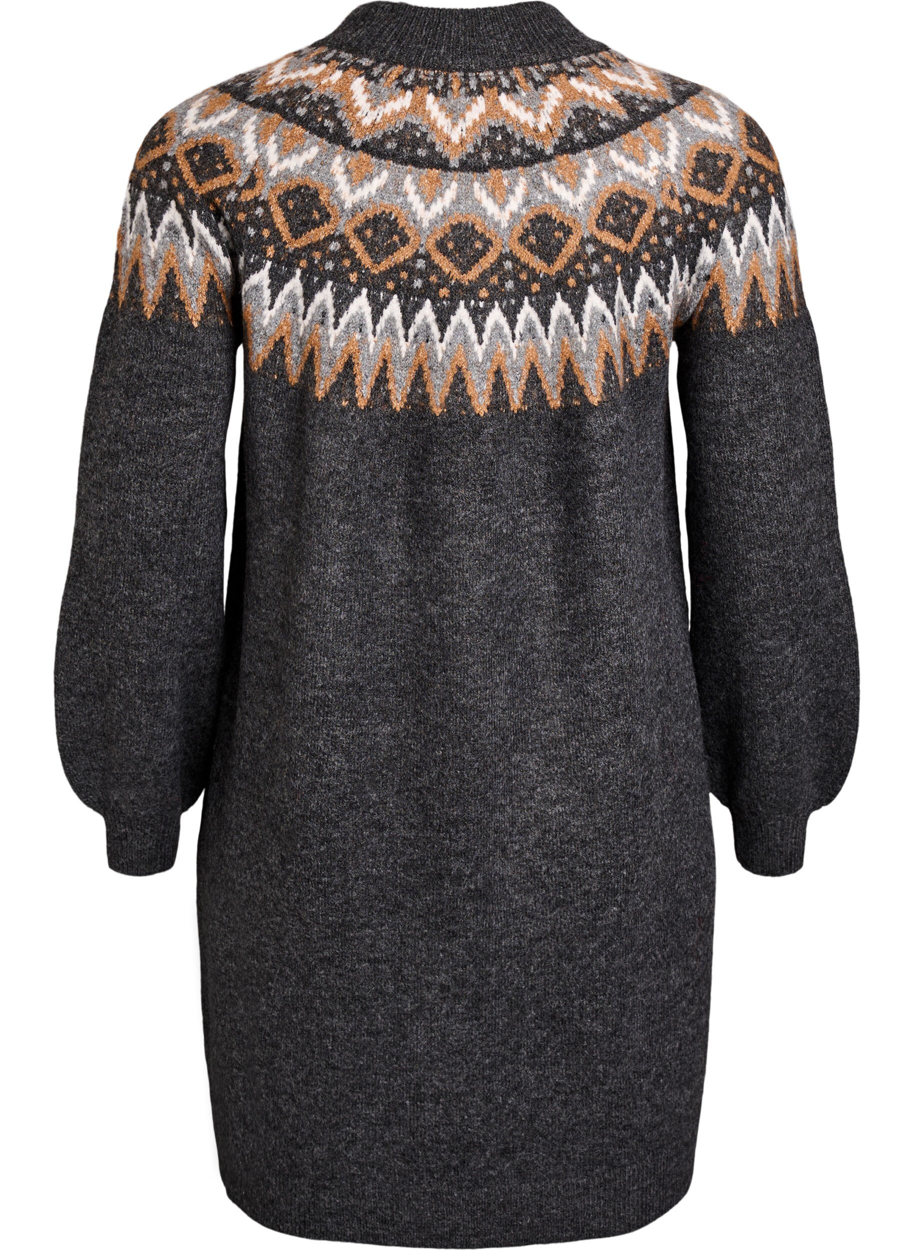 Zizzi Strikkekjole med jacquardm&oslash;nster og ballongermer, Gr&aring;, Packshot image number 1