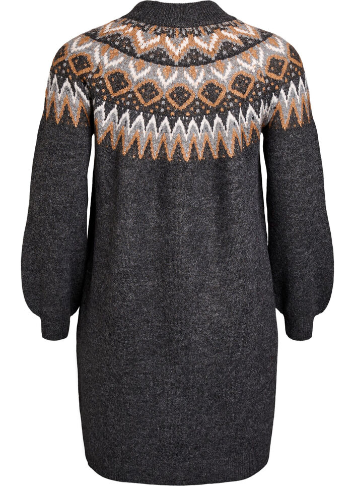 Strikkekjole med jacquardmønster og ballongermer, Grå, Packshot image number 1
