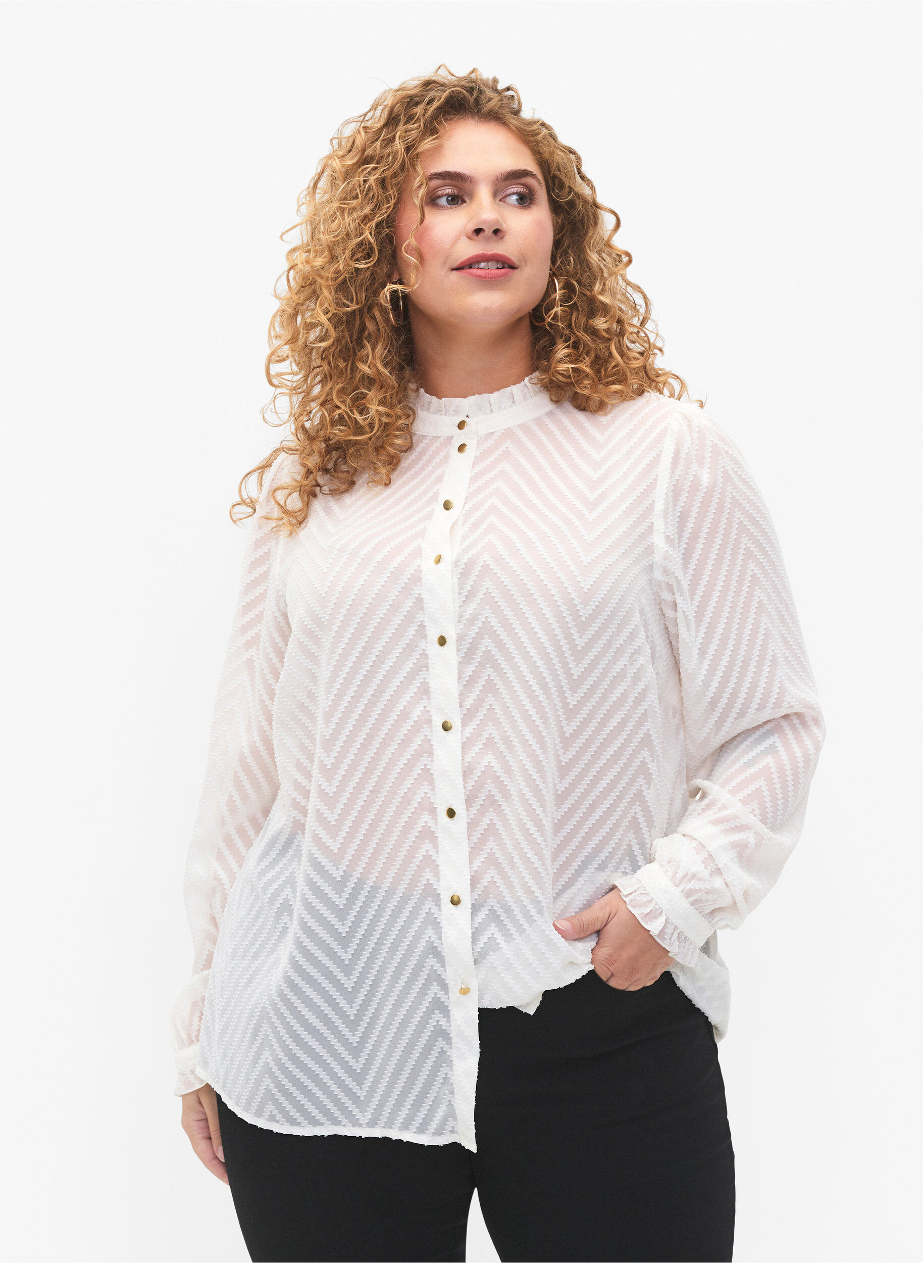 ZizziSkjortebluse med volanger og m&oslash;nstret tekstur, Snow White, Model image number 0