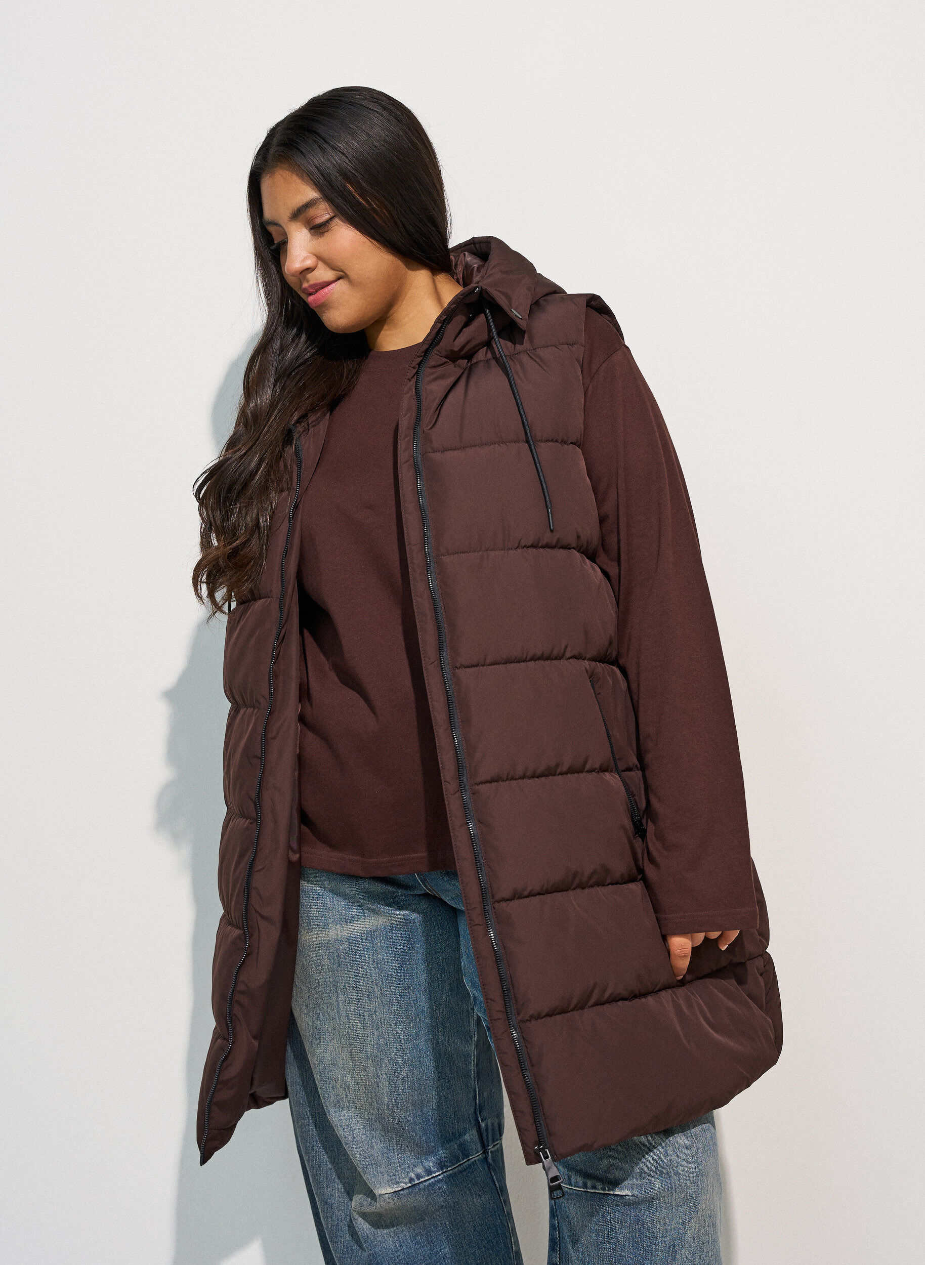 ZizziLang vest med hette og lommer, Brun, Model image number 3
