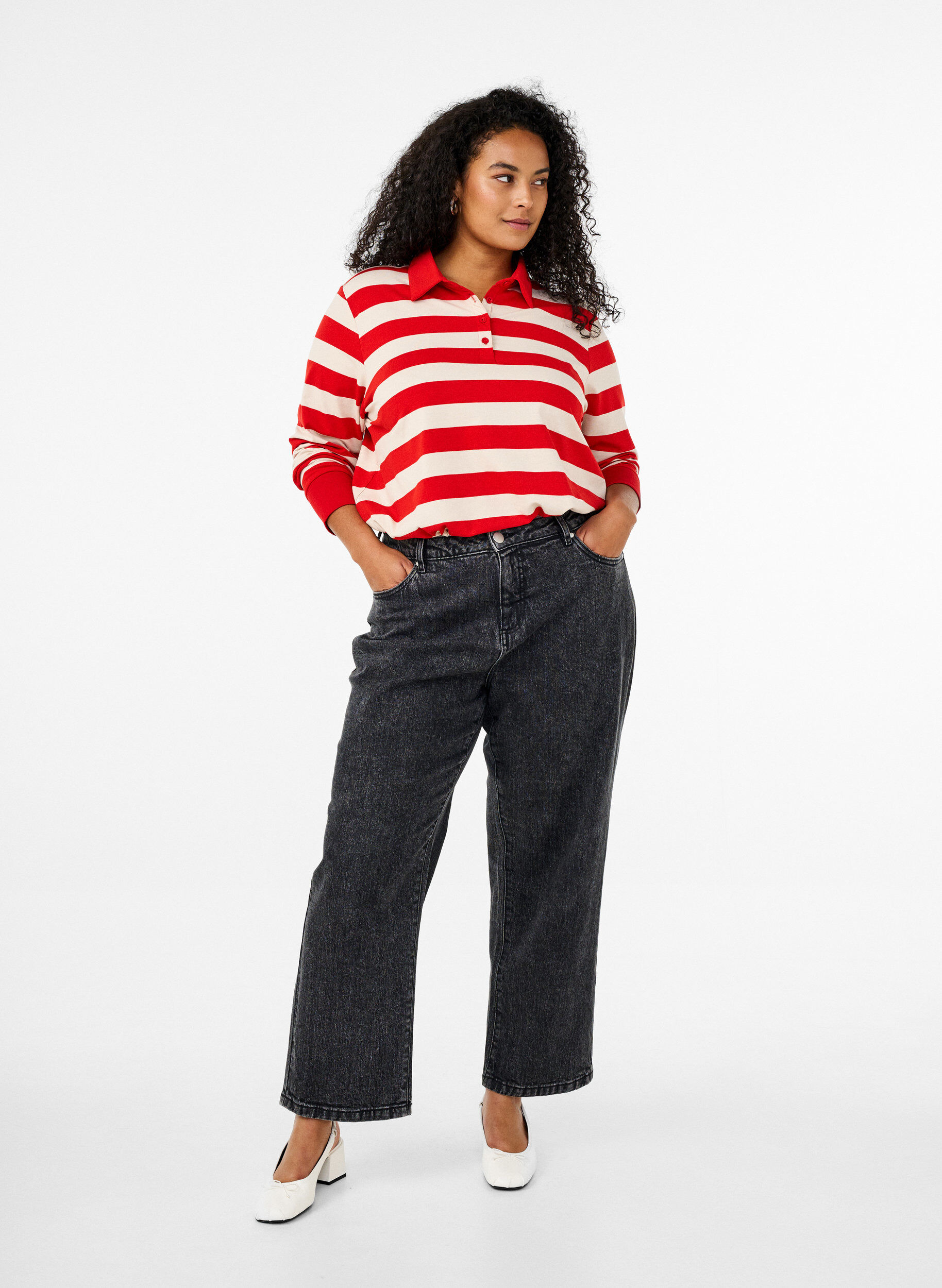 Zizzi Langermet poloskjorte med striper, R&oslash;d, Model image number 1