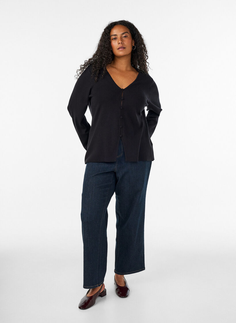 Finstrikket cardigan med stoffdekte knapper, Svart, Model image number 1