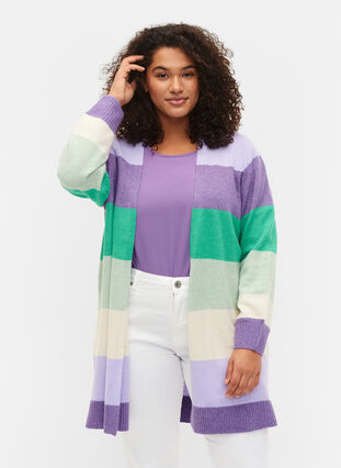 Lang stripete strikket cardigan, Mint Mel., Model image number 0