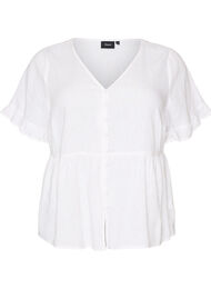 Bluse i lin og viskose med V-hals og knappelukking, Hvit