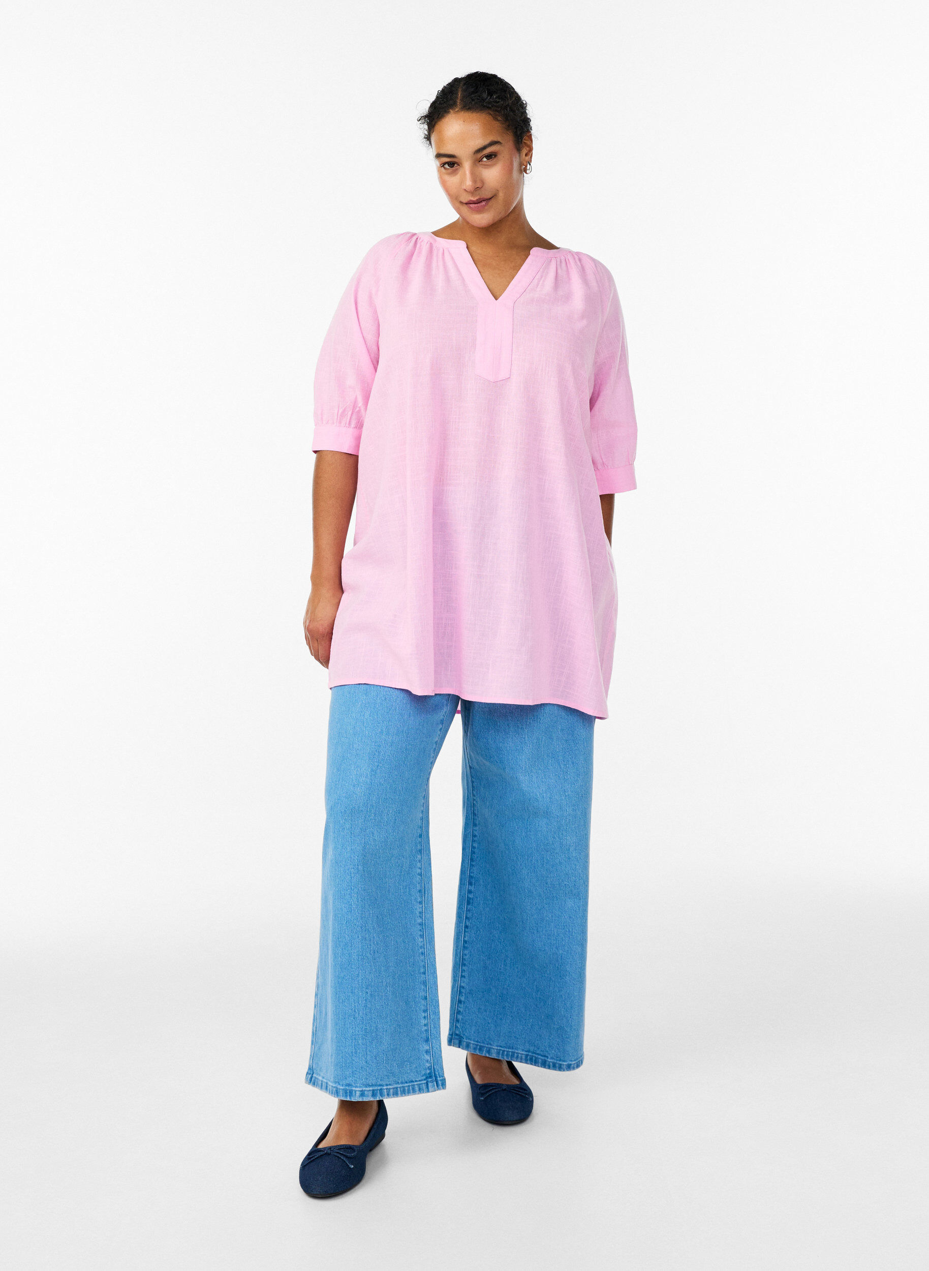 ZizziBomullstunika med V-hals, Rosa, Model image number 1
