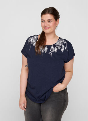 T-skjorte i bomull med mønster øverst, Night Sky FLOWER, Model image number 0